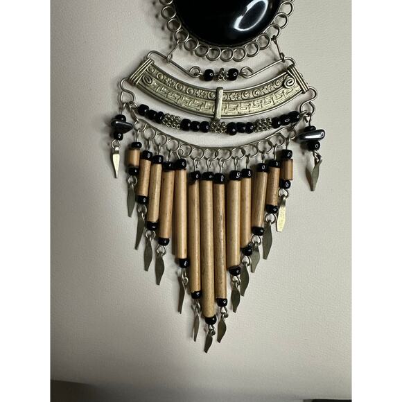 EUC Vintage Black Onyx Bamboo Silver-Tone Necklace Statement Piece Dangle - Picture 5 of 7